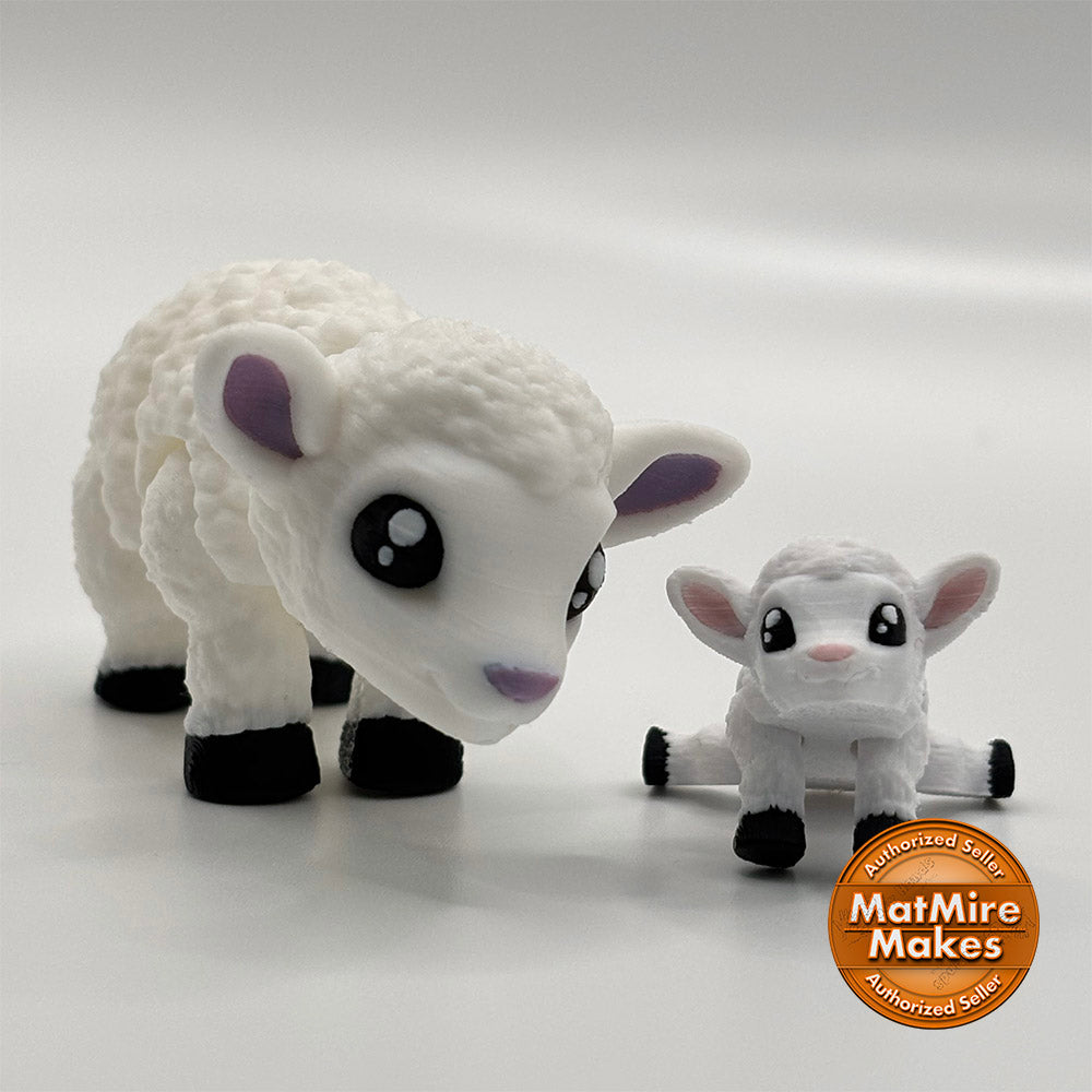 3D printed sheep and lamb with flexible, positionable bodies - designed by MatMire Makes - available from 3D Busy Hands