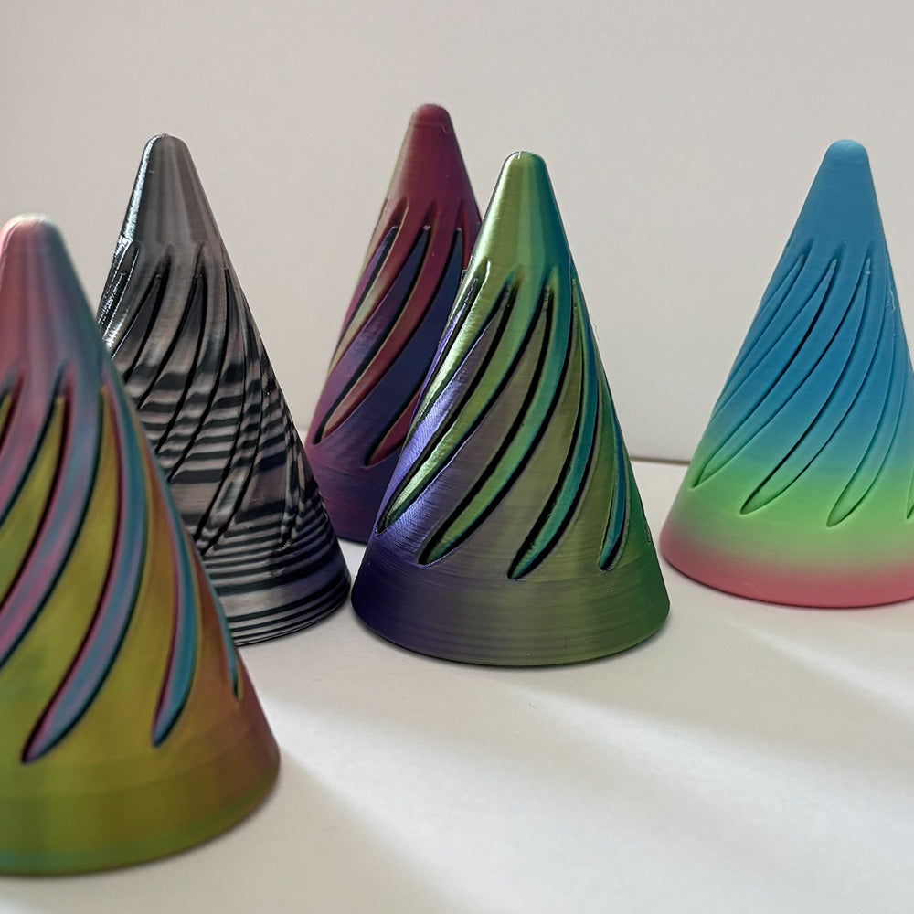 5 brightly coloured fidget cones with spiral pass through funtion