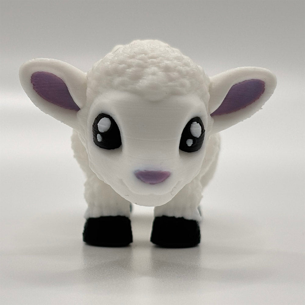 3D printed fidget toy lamb with segmented body, purple ears and black feet, shown standing on four legs