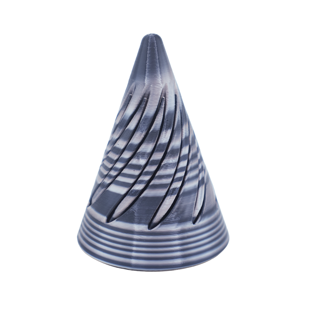 Featuring a high-shine metallic finish, this 3D printed pass-through cone has black and silver layers that shine.  