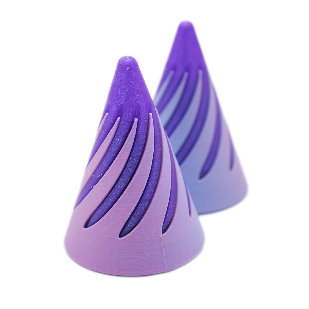 3D printed pass-through cones with glittery purple core and matt blue/purple exterior